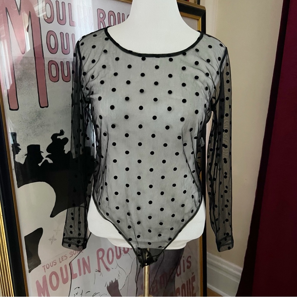 Eloquii: Polka Dot Black Mesh Long Sleeve Body Suit Size 14/18